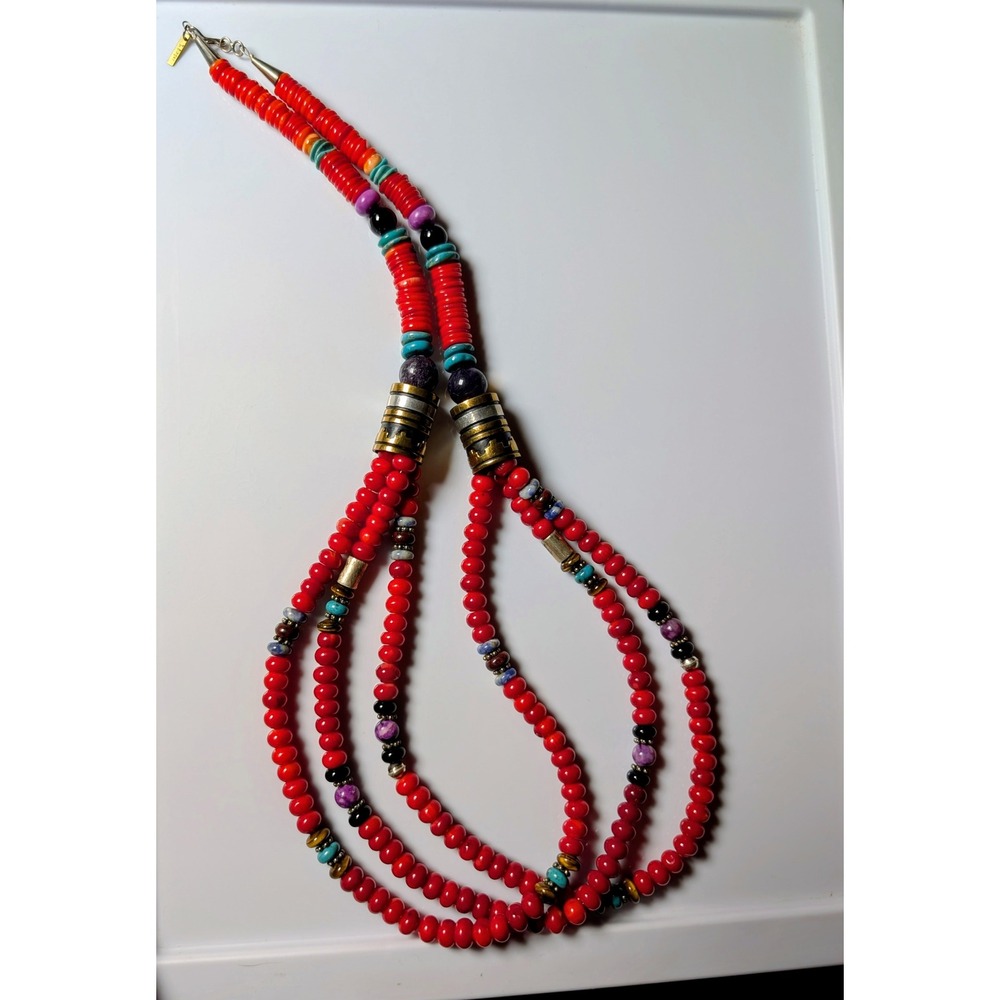 Tommy Singer Red Coral & Gemstone Multi Strand Sterling Necklace